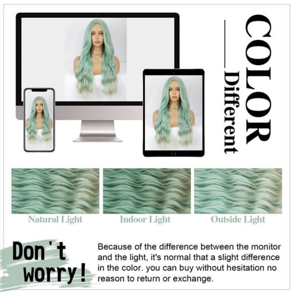 Green Wig Long Wavy Wig For Women Middle Part Wavy Wigs Synthetic Heat Resistant - Picture 6 of 6
